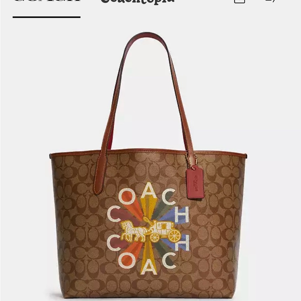 Coach Coachtopia Brown and Red Tote Bag with Signature monogram